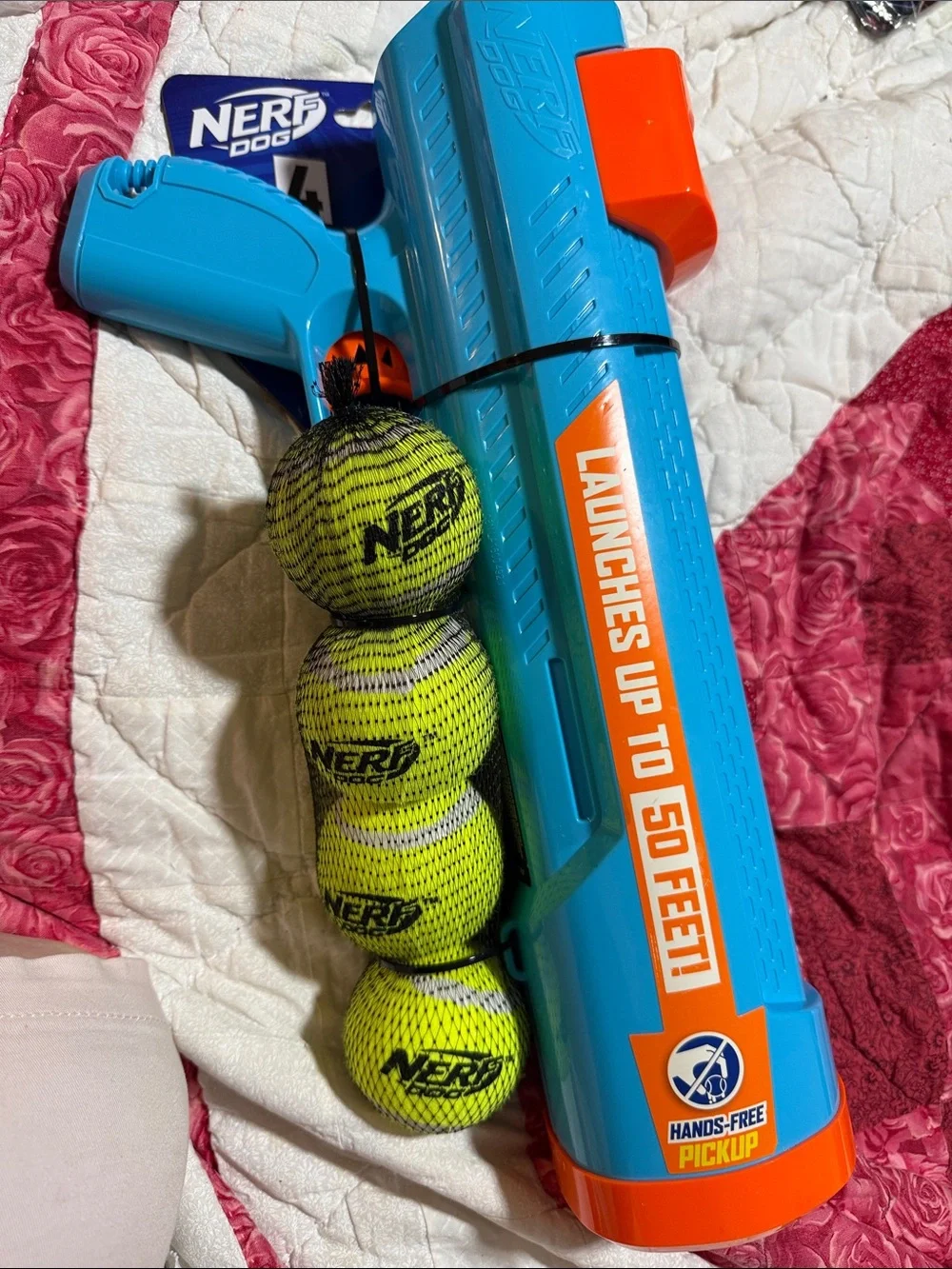 NWT Nerf Dog Blue & Orange Launcher with 4 Neon Yellow Tennis Balls -50 feet